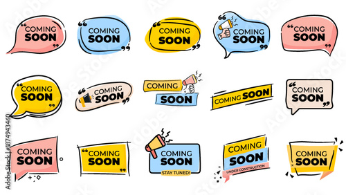 Coming soon Set. Coming Soon Hand Drawn Promotion banner sign. 
New product release symbol. Speech bubble with quotes Coming Soon
