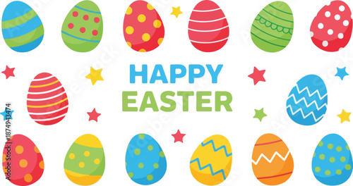Festive and colorful Easter eggs and stars forming a happy Easter message perfect for holiday celebrations and decorations