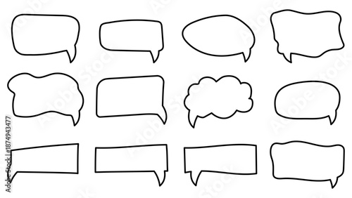 Text box frame Set outline. Hand drawn text talk message frame in Black and White. Outline dialog speech, square, chat color design Collections