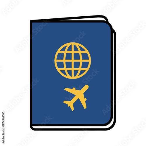 A blue passport with a yellow airplane and globe graphic on its cover
