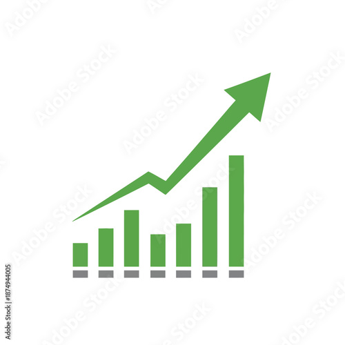 A steadily rising green bar graph with an upward trending arrow, signifying growth and success in a business context.