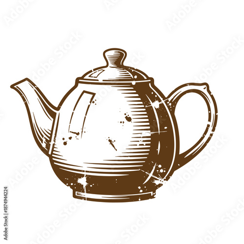 Drawing Vintage Brown teapot with lid and handle on white background