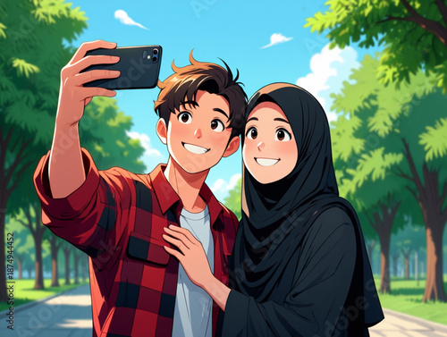 Young Multicultural Couple Taking Selfie Outdoors