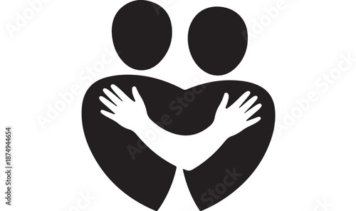 Couple Embracing Heart in Simple Minimalist Black Silhouette on White Background for Charity