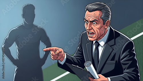 Angry football coach points at shadow player during intense team talk on the field