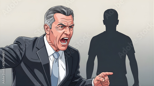 Angry businessman shouting at a shadow figure, representing confrontation and workplace conflict