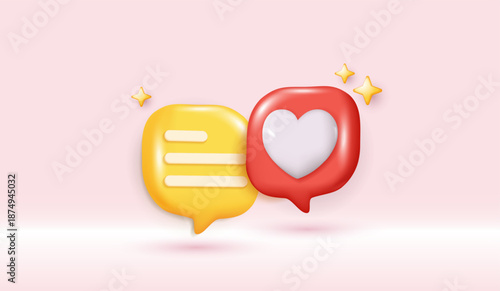 Chat speech bubble with 3d hearts. social media like icon. chat love message with cute 3d hearts. valentine's Day. app love comment. social media concept, love emoticon. 3d vector.