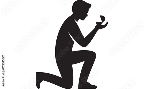 Man proposing with ring in romantic pose in black silhouette on white background for wedding invitation