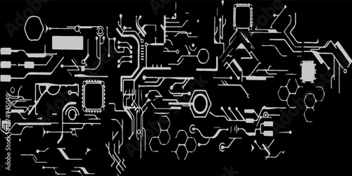 AI circuit board with electronics elements on black backdrop. UI and GUI design. Futuristic high tech panel of connected lines. Scientific and Technological background.