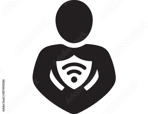 Person with Wi-Fi Shield Icon in Minimalist Design with Simple Black Silhouette on White Background for Cybersecurity Illustration