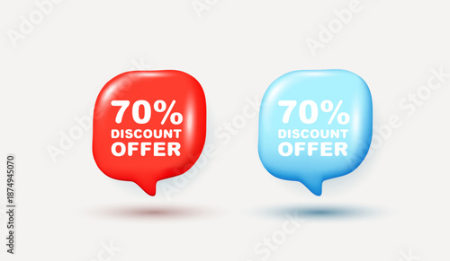 3D speech bubble with 70 percent discount offer in red and blue color, modern sale design for promotion, shopping, ecommerce, marketing, advertising, and special deal banner. vector 3d design.