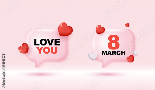 Chat speech bubble with 3d hearts. social media like icon. chat love message with cute 3d hearts. valentine's Day. app love comment. social media concept, love emoticon. 3d vector.