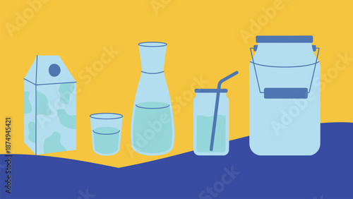 A collection of various milk bottles and cartons on a table