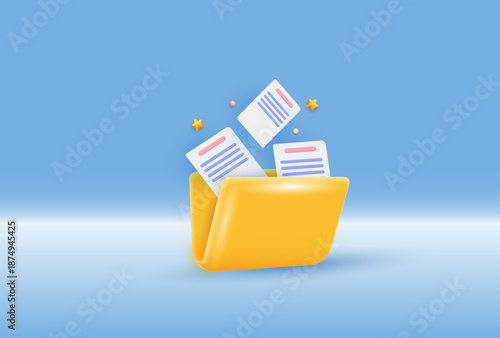 3D cloud storage folder with upload and download arrows, digital file transfer, online data backup, document management, modern glossy illustration for web and mobile app. vector 3d design.