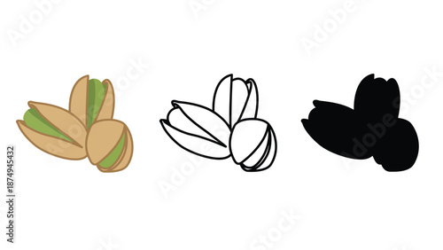 An illustration of pistachios in three different styles and colors on white