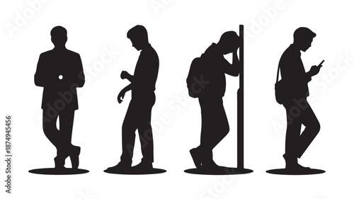 Black Silhouettes Men Standing Waiting Using Smartphones Isolated Vector Illustration