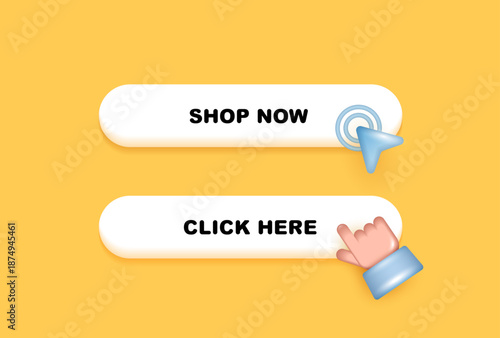 3D call to action buttons with shop now and click here text, modern glossy UI design for website, online store, ecommerce, digital marketing, and mobile app interface. vector 3d design.