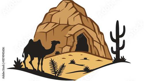 A cartoon camel standing in front of a desert cave entrance