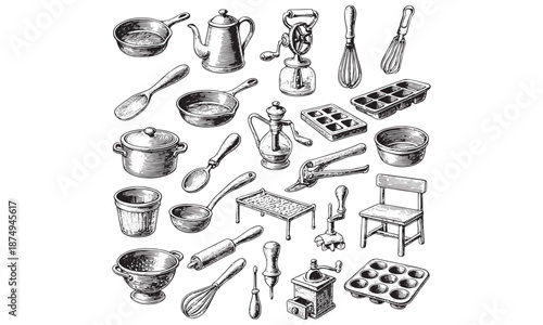 Vintage Kitchen Utensils Icons Set Pots Whisks Ladle Bowl Muffin Tin Vector Illustration