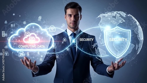 Professional man presenting cloud computing and security concepts with digital graphics in a futuristic setting