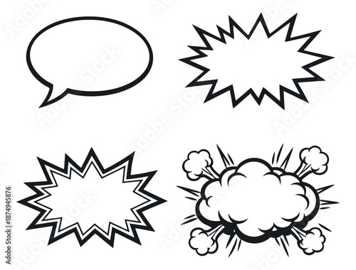 Comic style speech bubble and burst set featuring an oval message box, jagged explosion frames, and a smoke cloud effect for graphic design and pop art