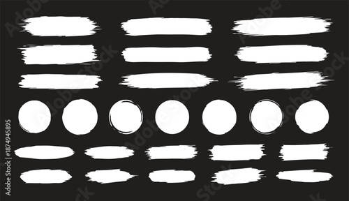 White grunge post brush, circles and rectangles. Blank shapes. Banners, insignias, logos, icons, labels and badges collection
