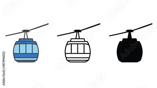 A graphic illustration of three cable car icons in different colors and styles