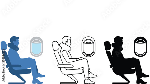 Three silhouettes of people sitting in airplane seats in different colors