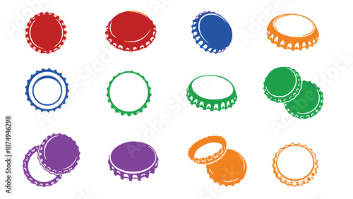 A colorful illustration of various bottle caps on a white background