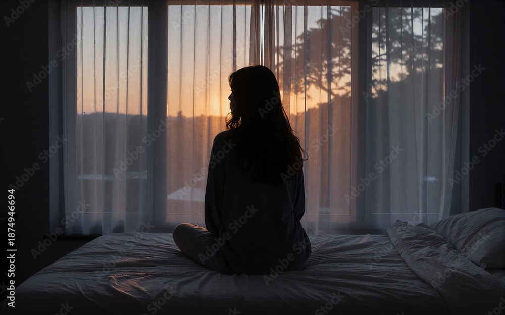 Naklejka premium Silhouette of woman sitting on bed, gazing out window at sunset through sheer curtains.