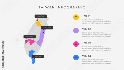 Taiwan map infographic template with 4 options. Taiwan administrative map infographic for presentation.