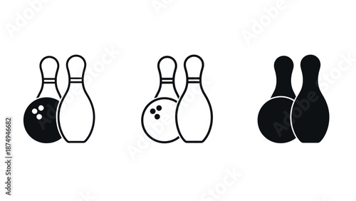 A set of bowling pins and balls in different colors and styles