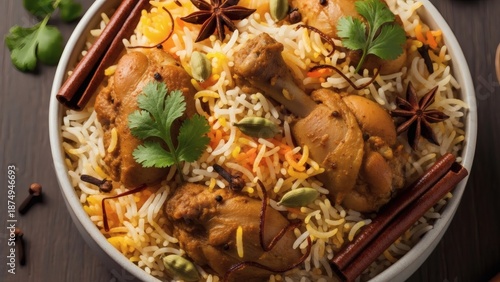 Realistic Food Photography of Chicken Biryani, Long Fragrant Rice Grains with Tender Chicken Pieces and Visible Spices