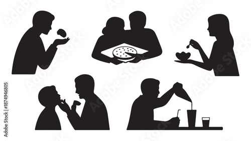 People Eating, Sharing, and Feeding Food Silhouettes Isolated on White