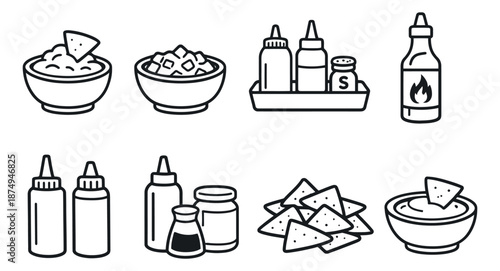 Line art condiments and dips set featuring guacamole, salsa, sauces, and tortilla chips for food service