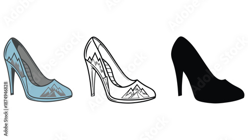A set of high-heeled shoes with mountain designs on white background