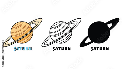 Three different illustrations of the planet Saturn in various colors and styles