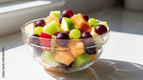 Photorealistic Image of a Glass Bowl of Mixed Fruit Salad with Apples, Grapes, and Melon Pieces, Natural Moisture, Bright Daylight