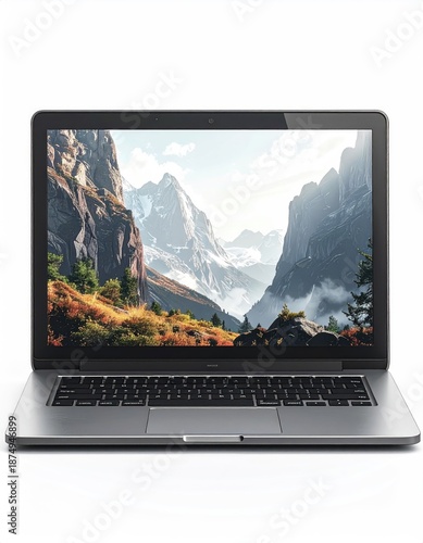 Open laptop displaying mountain landscape