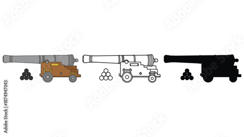 A colorful illustration of cannons in different colors and styles with cannonballs