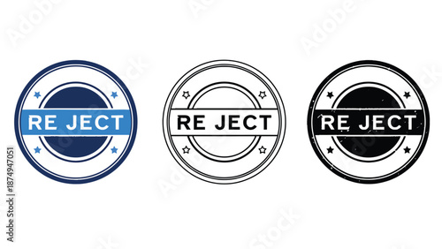 Three reject stamps in different colors on a white background