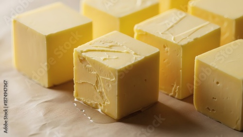 Ultra-Realistic Close-Up of Fresh Butter Cubes, Smooth Creamy Texture with Light Knife Marks on Parchment Paper