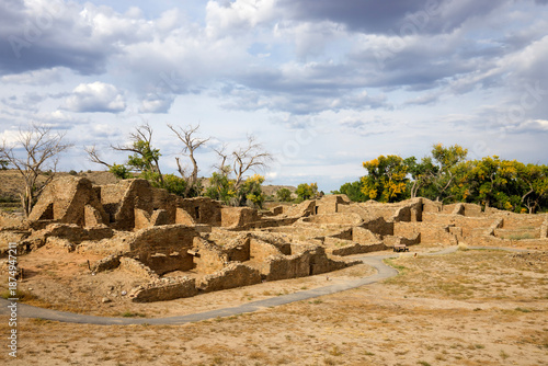 Ancient Ancestral Puebloan Ruins at Aztec Ruins National Monument in autumn, New Mexico