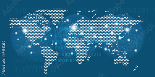 World Map with Global Network Connections and Digital Data Technology Background