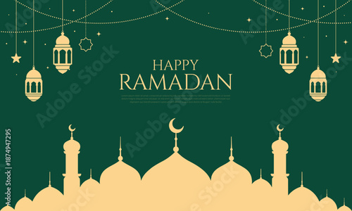 Flat traditional ramadan kareem mosque background with ornament lantern Line Hanging Banner Decoration