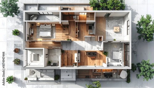 Modern House Floor Plan with Wooden Accents and Greenery.