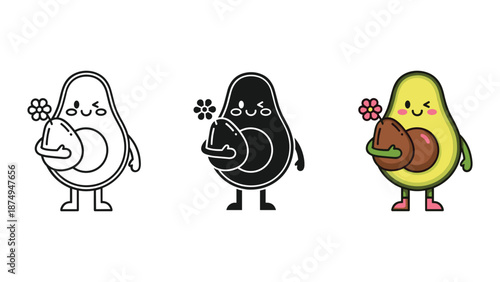Cute avocado characters holding avocados in different styles