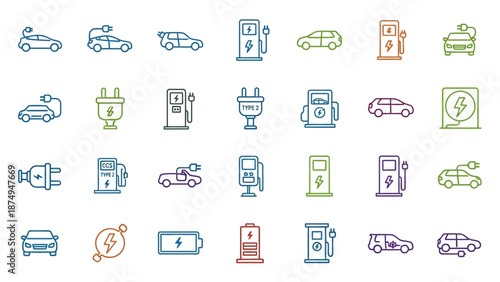 Collection of Electric Vehicle Charging Icons.