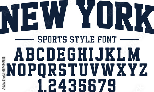 Dark blue sports style font with New York and alphabet examples
