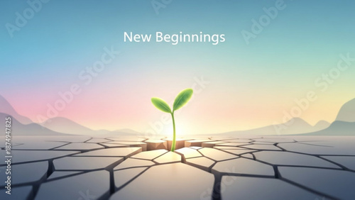 Small green plant grows in dry cracked earth at sunrise or sunset